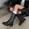 Hebilla de Cinturón de Chica Dulce y Genial Botas Vaqueras de Piel de Vaca 2025 Tacón Medio Grueso Punta Redonda Con Cordones Botas de Media Caña Anchas para Pantorrilla Grande