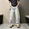 Nuevos jeans de verano para hombre, estilo americano moderno, color claro, lavados, retazos vintage, con caída, ligeros, holgados, pierna ancha curva