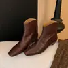 Botines retro de otoño e invierno, botas de moda de cuero genuino con tacón grueso y punta cuadrada negra, botas Martin marrones de comercio exterior transfronterizo para mujer