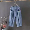 Calça cropped feminina de algodão e linho verão solta plus size cintura elástica de linho calça harém afunilada calça casual versátil 8207