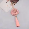 Chaveiro de couro PU com borla de flor, pingente de camélia rosa, chaveiro de carro, enfeites para bolsa de celular