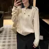 Suéter de punto trenzado con cuello de color contrastante para mujer, otoño e invierno, casual, manga larga, holgado, corte ajustado, top interior