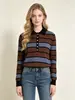 Suéter de Punto con Bloques de Color y Rayas para Primavera y Otoño, Cuello Polo Semiabierto, para Mujer, Nuevo, Corte Holgado, Camisa Base, Venta al por Mayor de Fábrica