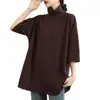 Camiseta Vintage de Manga Curta com Gola Alta Plus Size para Mulheres, Novo Estilo Outono 2025, Caimento Solto, Emagrecedora, Peça de Roupa Exterior, Camiseta Básica com Base de Ombro Normal