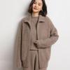 Suéter com Zíper Feminino de Cashmere Espessado com Gola Alta Cor Clara Bordado em Toalha Jaqueta Tricotada Casual Solta Nova de Primavera