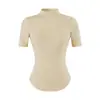 Camiseta corta de manga corta semitransparente con cuello semialto para mujer, primavera y otoño, ajustada, corte slim, capa base, entallada a la cintura, top adelgazante