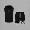 Conjunto de Roupa de Banho Masculina com Capuz Sem Mangas Estampado e Colete Versátil de Cor Sólida - Novo Lançamento Transfronteiriço Amazon Europeu e Americano