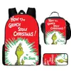 Mochila Escolar Infantil Monstruo de Pelo Verde Grinch Mochila para Estudiante de Primaria Bolsa de Comida Estuche para Lápices Mochila de Tres Piezas Venta al por Mayor Transfronteriza