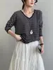 Suéter de Tricô Solto com Gola V Estilo Coreano Lazy para Primavera, Blusa Listrada Versátil e Emagrecedora Y1493