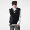 Chaleco de Punto con Cuello en V Estilo Universitario para Hombre Otoño e Invierno Retro Americano Holgado Sin Mangas Chaleco Suéter Jersey Prendas de Abrigo para la Cintura