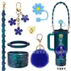 Cubierta de Taza de Silicona con Flor Cubierta de Taza de Agua Stanley Cuerda de Silicona Tapa de Popote Flor Colgante de Bola de Pelo Set de Accesorios