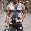 Camiseta Masculina Retro de Verão com Padrão Cruzado, Comércio Exterior, Transfronteiriça, Nova, Manga Curta, Gola Redonda, Estampada