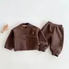 Conjunto de Lã Infantil 2025 0-3 Anos Inverno Meninos Estilo Coreano Top Espessado e Calça de Moletom Conjunto de Duas Peças para Meninos e Meninas