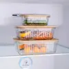 Lonchera de vidrio con rayas verticales y tapa de bambú, recipiente rectangular sellado para almacenamiento de alimentos, apto para microondas, caja para conservación de alimentos