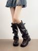 Botas vaqueras para mujer con hebilla de cinturón de suela gruesa estilo francés, tacón grueso, botas holgadas fruncidas hasta el suelo, longitud hasta la mitad de la pantorrilla