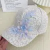 Gorra de Béisbol Pequeña Floral Plisada Estilo Coreano para Mujer, Gorra Transpirable con Encaje y Flor de Perlas, Sombrero para el Sol