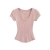 Estilo Desejo Puro Verão Novo Mulher Estilo Europeu e Americano Garota Quente Sexy Decote U Grande Clavícula Exposta Ampulheta Slim Manga Curta Camiseta Básica