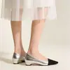 En Stock~2026 Zapatos de Nuevo Estilo Inspirados en Chanel con Bloques de Color, Puntera Puntiaguda y Tacones Gruesos Plateados, Estilo Suave, Versátiles para Usar al Aire Libre