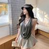Chaleco de Punto Falso de Dos Piezas con Cuello Oscilante Forma de I con Tirantes para Mujer Verano Delgado Sin Mangas Ropa Exterior Sexy Chic Top de Color Contrastante