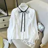 Nova blusa de chiffon estilo corte francês para outono para mulheres, camisa branca única e elegante
