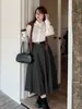Saia de Couro PU Feminina Inno Plus Size Outono e Inverno Plissada de Cintura Alta Evasê Emagrecedora Couro Saia Guarda-chuva 313050