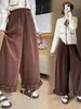 Pantalones de pana gruesos de estilo coreano dulce para otoño e invierno, forrados de forro polar, holgados, adelgazantes, con caída, suaves, con volantes y pierna ancha para mujer