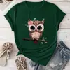 Camiseta Casual de Manga Corta para Mujer con Estampado de Búho de Dibujos Animados y Patrón Geométrico Floral en el Cuello Redondo