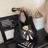 Bolsa de Grande Capacidade para Mulheres, Bolsa de Ombro Ursinho Fofo, Bolsa de Lona Casual e Versátil, Bolsa Tote para Deslocamento de Estudante Universitário