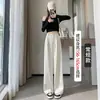 Calça de couro off-white versátil de perna larga para mulheres, novo estilo outono, calça reta de cintura alta comprimento total para mulheres baixinhas