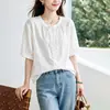 Camisa de Renda Francesa Tencel Linho Manga Curta para Mulheres, Verão Solta Emagrecimento Gola com Babados Top de Toque Suave e Oxigenado