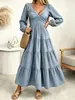 Nuevo vestido elegante de línea A estilo francés europeo y americano, adelgazante y entallado a la cintura, vestido largo de manga larga para mujer de principios de otoño