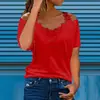 Amazon Aliexpress Renda Europeia e Americana Gola V Pulôver Manga Curta Tops para Mulheres Cor Sólida Camisetas Casuais