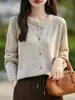Cárdigan de Lana Peinada con Cuello Redondo y Borde Enrollado para Otoño e Invierno, Suéter Holgado Delgado para Mujer, Chaqueta Corta de Punto Simple Versátil