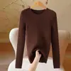 Suéter de punto acanalado beige con cuello redondo para mujer, nueva camisa base ajustada lista para usar de otoño e invierno, top para mujer