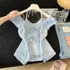 2026 Estilo Coreano Diseño Encaje Patchwork Halter Falso Dos Piezas Top Versátil Temperamento Casual Holgado Camiseta para Mujer