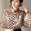 2025 nova linda camisinha temperamento francês sensação de pequeno perfume super bonita camisa de chiffon com bolinhas marrons onduladas feminina