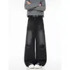 Jeans Masculino Estilo High Street Americano com Design Rasgado Outono Calças de Pernas Largas Calças Longas de Perna Reta Marca Trendy Preta Calças Casuais