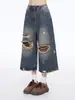 Calça Cropped Jeans Rasgada Estilo Streetwear Retro da Moda para Mulheres com Design de Tinta Salpicada, Caimento Solto, Calça Flare Emagrecedora