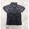 Miyake Moda Estampada Plissada Mais Vendida Blusa Feminina Fina Gola Alta Manga Curta Verão Nova Temperamento Camiseta Fashion