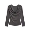 Playera Sexy de Hombro Descubierto y Manga Larga Otoño Nuevo Elegante Versátil Ajustada Top Base para Mujer
