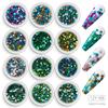 Sequins de unha de 12 cores quentes transfronteiriças, pó de glitter, joias de unha com gradiente a laser, acessórios para unha DIY