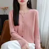 Cárdigan de punto de lana pura abotonado de colores para mujer, cuello redondo, manga larga, suave, adelgazante, versátil, top cálido