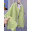 Moda Estilo Coreano Suave Huhu Cuello Redondo Tejido Grueso de Punto Abotonado Cardigan Suéter Abrigo Elegante Chic para Mujer Otoño Invierno