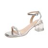 Sandalias de Tacón Grueso para Mujer 2025 Verano Nuevo Estilo Francés Tacón Medio Pedrería Hada con Falda Plata Tacones Altos de Una Tira