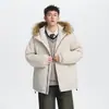 Jaqueta de Penas para Homens e Mulheres, Novo Modelo de Inverno 2025, Zíper Bidirecional, 280 Penas, Gola de Pelo, Jaqueta de Penas com Capuz, Estilo Masculino Tendência