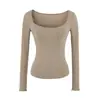 Camiseta sexy de manga larga con cuello en U y bolsillo para mujer, estilo puro deseo, corte ajustado, ceñida a la cintura, adelgazante, color liso, top base elástico