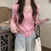 Camiseta de manga larga adelgazante con cuello en V y cordón ajustable para mujer, diseño entallado de otoño, top corto elegante con base.