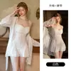 Rosa Desejo Puro Renda Decote Profundo Transparente Costas Abertas Franzido Bojos Removíveis Camisola Amarração Robe Externo Conjunto M7176