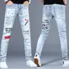 Marca Europeia Moderna Jeans Bordado Personalizado para Homens Preto Estilo Coreano Moderno Slim Fit Elástico Calças Casuais para Homens