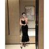 Foto Real de un Vestido de Sirena de Terciopelo sin Tirantes con Pedrería, Elegante Vestido Largo de Noche Negro con Lentejuelas Primavera/Verano 2026